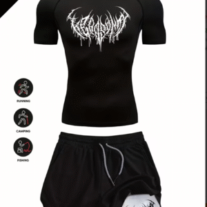 Ensemble Fitness Homme 2 Pièces – T-Shirt Respirant à Imprimé Gothique + Short 2-en-1
