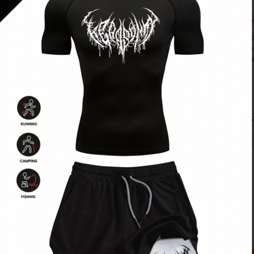 Ensemble Fitness Homme 2 Pièces – T-Shirt Respirant à Imprimé Gothique + Short 2-en-1