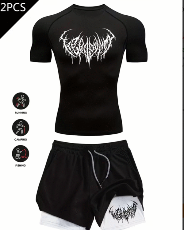 Ensemble Fitness Homme 2 Pièces – T-Shirt Respirant à Imprimé Gothique + Short 2-en-1