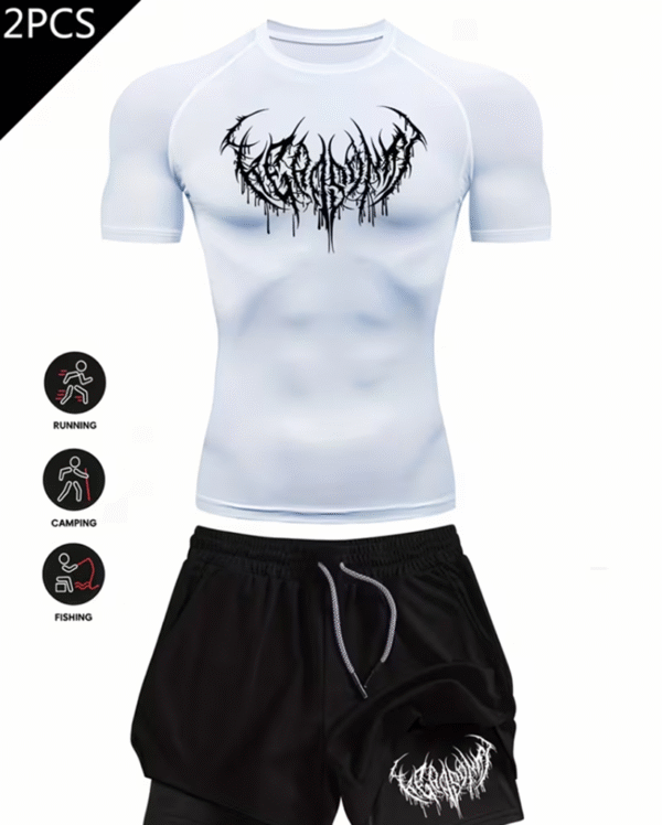 Ensemble Fitness Homme 2 Pièces – T-Shirt Respirant à Imprimé Gothique + Short 2-en-1