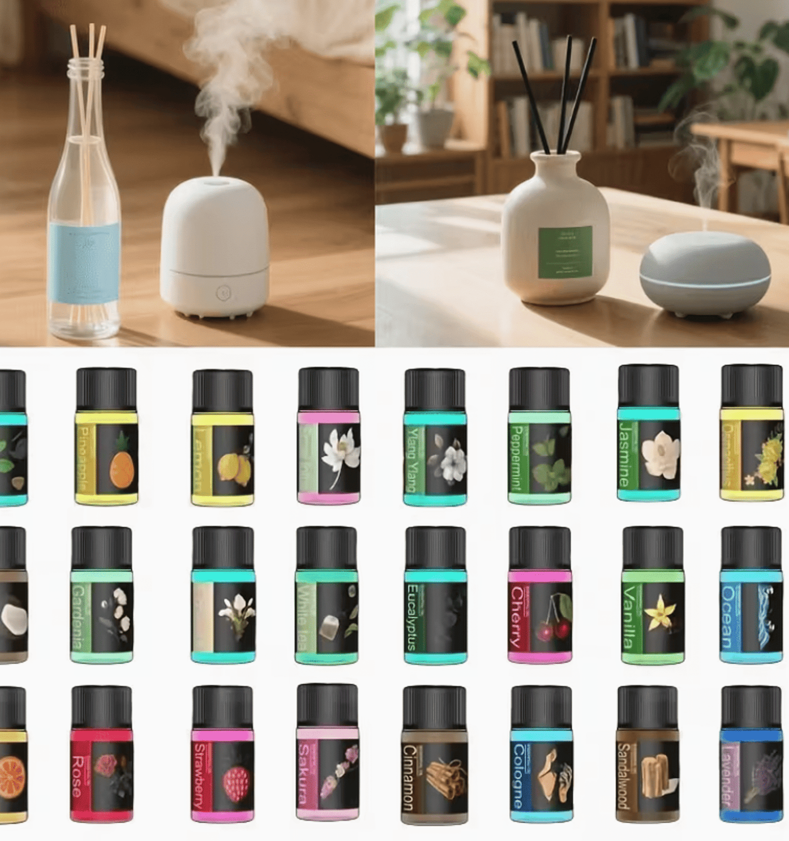 Ensemble de 24 huiles essentielles solubles – Parfum et bien-être pour diffuseurs et humidificateurs