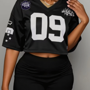 T-shirt Court Décontracté à Col en V et Lettres – Style Hip Hop