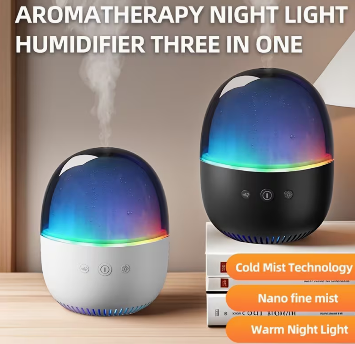 Diffuseur d'arômes ovale arc-en-ciel avec veilleuse changeant de couleur,