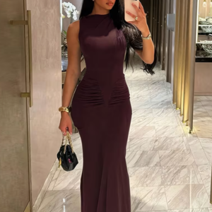 Robe Plissée à Manches et Col Rond