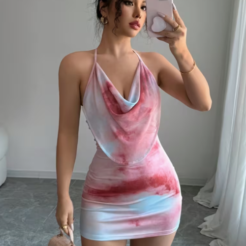 Robe Courte Tendance à Motifs Floraux Tie-Dye