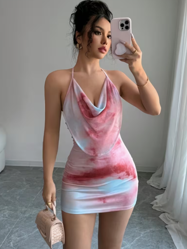 Robe Courte Tendance à Motifs Floraux Tie-Dye