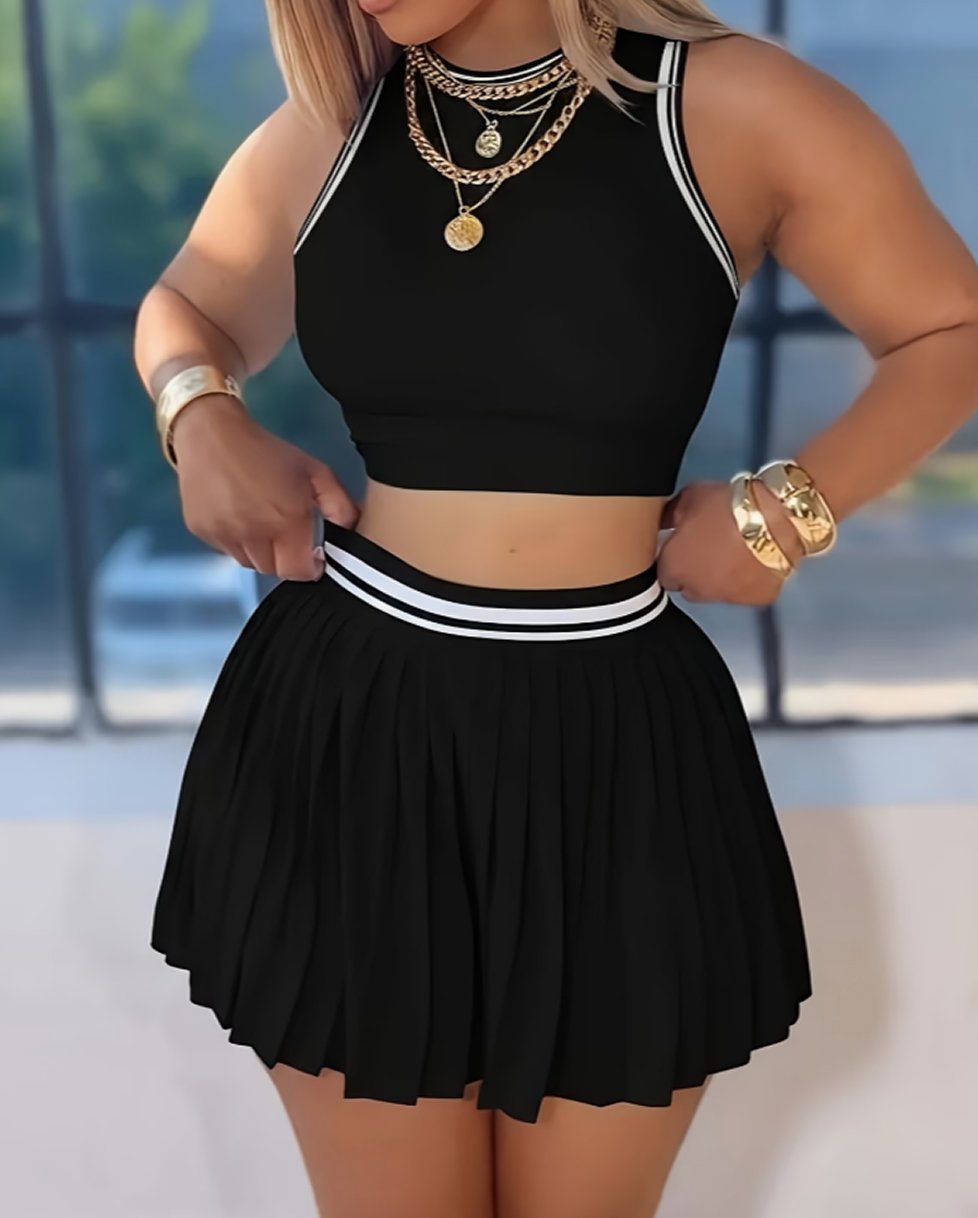 Ensemble 2 Pièces Femme – Jupe Plissée Colorblock et Débardeur Sans Manches