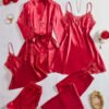 Ensemble Femme 5 Pièces en Dentelle Brodée – Débardeur, Short, Pantalon Long, Nuisette et Robe à Manches Longues