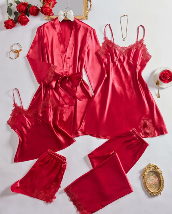 Ensemble Femme 5 Pièces en Dentelle Brodée – Débardeur, Short, Pantalon Long, Nuisette et Robe à Manches Longues