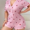 Pyjama Combinaison Grande Taille pour Femme – Rayures et Imprimé Cœurs, Manches Courtes et Short