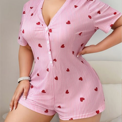 Pyjama Combinaison Grande Taille pour Femme – Rayures et Imprimé Cœurs, Manches Courtes et Short