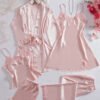 Ensemble Femme 5 Pièces en Dentelle Brodée – Débardeur, Short, Pantalon Long, Nuisette et Robe à Manches Longues