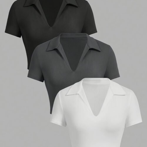 Pack de 3 T-Shirts Courts Style Polo – Hauts d'Été Moulants à Col en V