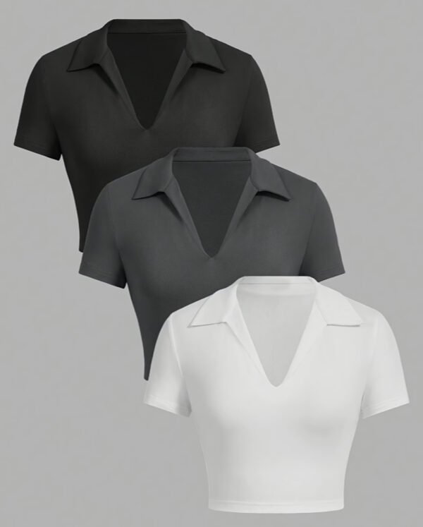 Pack de 3 T-Shirts Courts Style Polo – Hauts d'Été Moulants à Col en V