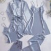 Ensemble Femme 5 Pièces en Dentelle Brodée – Débardeur, Short, Pantalon Long, Nuisette et Robe à Manches Longues