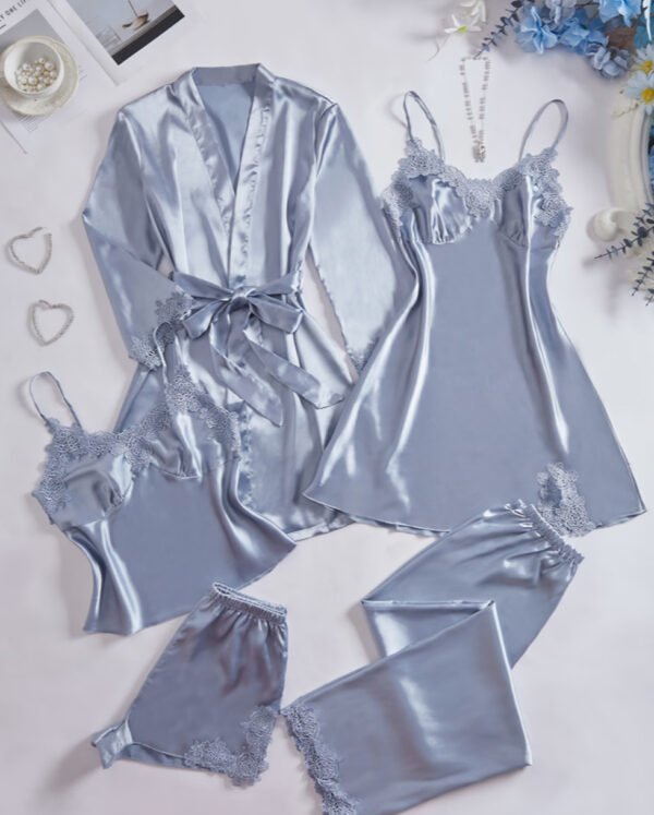 Ensemble Femme 5 Pièces en Dentelle Brodée – Débardeur, Short, Pantalon Long, Nuisette et Robe à Manches Longues