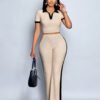 Ensemble d’Été Décontracté pour Femme – T-Shirt à Col Polo et Pantalon Évasé Colorblock
