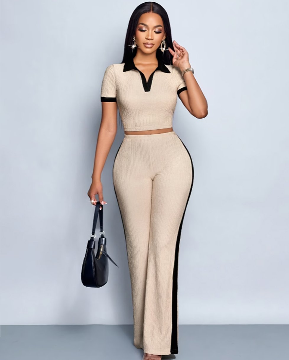 Ensemble d’Été Décontracté pour Femme – T-Shirt à Col Polo et Pantalon Évasé Colorblock