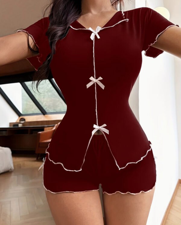 Ensemble de Pyjama pour Femme – Haut à Manches Courtes et Col en Couleur Unie
