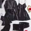 Ensemble Femme 5 Pièces en Dentelle Brodée – Débardeur, Short, Pantalon Long, Nuisette et Robe à Manches Longues