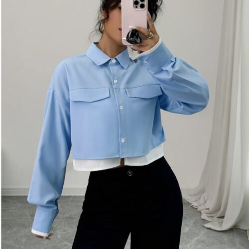 Chemise Manches Longues Color-Block – Style Décontracté Chic & Professionnel
