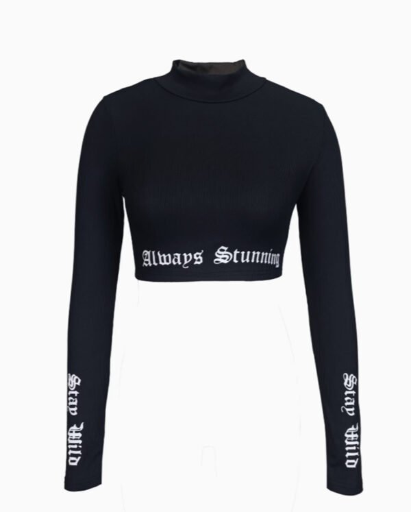 Crop Top Rayé à Manches Longues & Imprimé Gothique – Haut Style Y2K Grunge