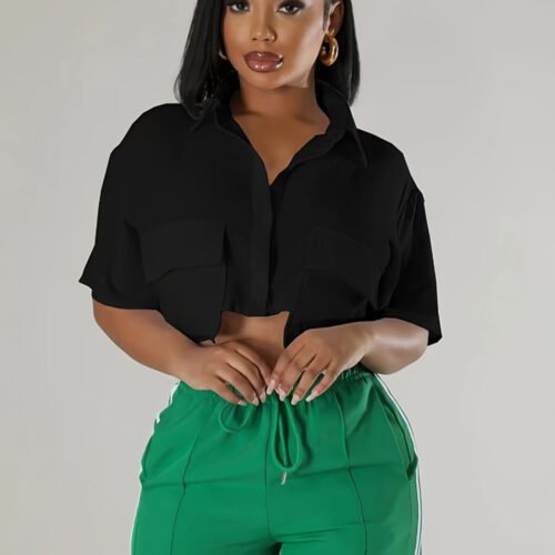 Chemise Courte Décontractée à Deux Poches – Chemisette Crop Tendance Utility