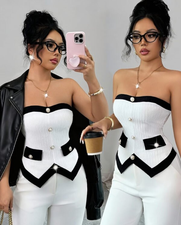 Top Bustier Tube Élégant à Boutons Perle – Haut Sans Bretelles Texturé Chic