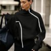Sweat-Shirt à Col Montant Zippé – Hoodie Color-Block Tendance Rétro