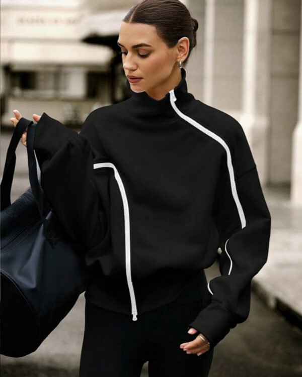Sweat-Shirt à Col Montant Zippé – Hoodie Color-Block Tendance Rétro