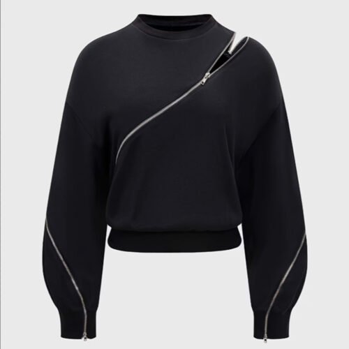 Sweat-Shirt Asymétrique à Fermeture Éclair Inclinée – Haut Manches Longues à Fente Irrégulière
