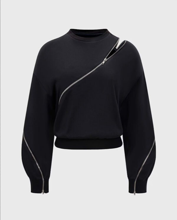 Sweat-Shirt Asymétrique à Fermeture Éclair Inclinée – Haut Manches Longues à Fente Irrégulière