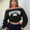 Sweat Court à Épaules Dénudées et Imprimé Lettres – Crop Hoodie Streetwear Glam