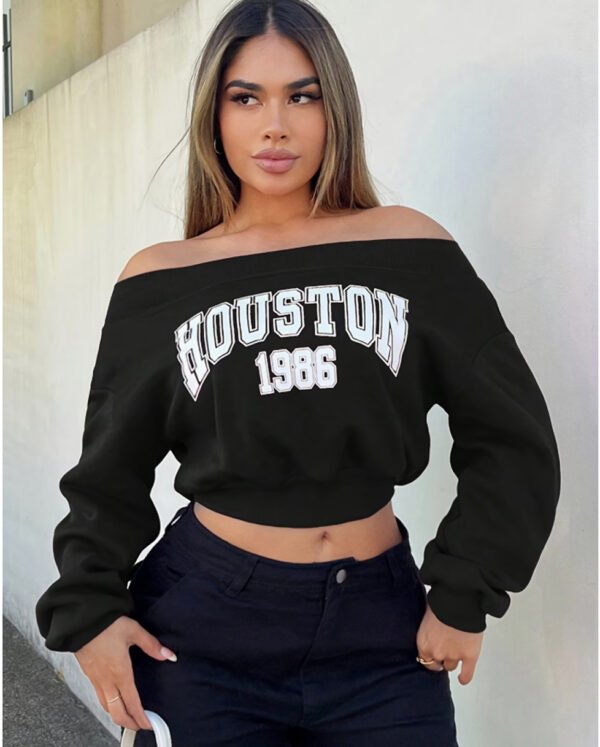 Sweat Court à Épaules Dénudées et Imprimé Lettres – Crop Hoodie Streetwear Glam
