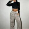 Crop Top Rayé à Manches Longues & Imprimé Gothique – Haut Style Y2K Grunge