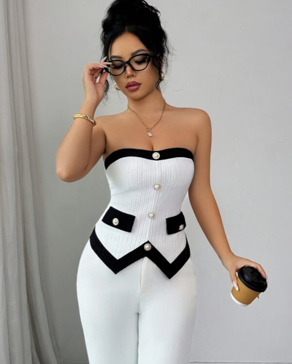 Top Bustier Tube Élégant à Boutons Perle – Haut Sans Bretelles Texturé Chic
