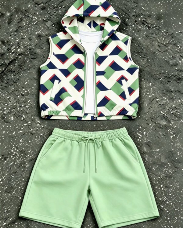Ensemble d’Été Deux Pièces pour Homme : Sweat à Capuche Sans Manches et Pantalon à Imprimé Géométrique Style Américain