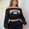 Sweat Court à Épaules Dénudées et Imprimé Lettres – Crop Hoodie Streetwear Glam