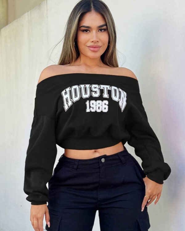 Sweat Court à Épaules Dénudées et Imprimé Lettres – Crop Hoodie Streetwear Glam