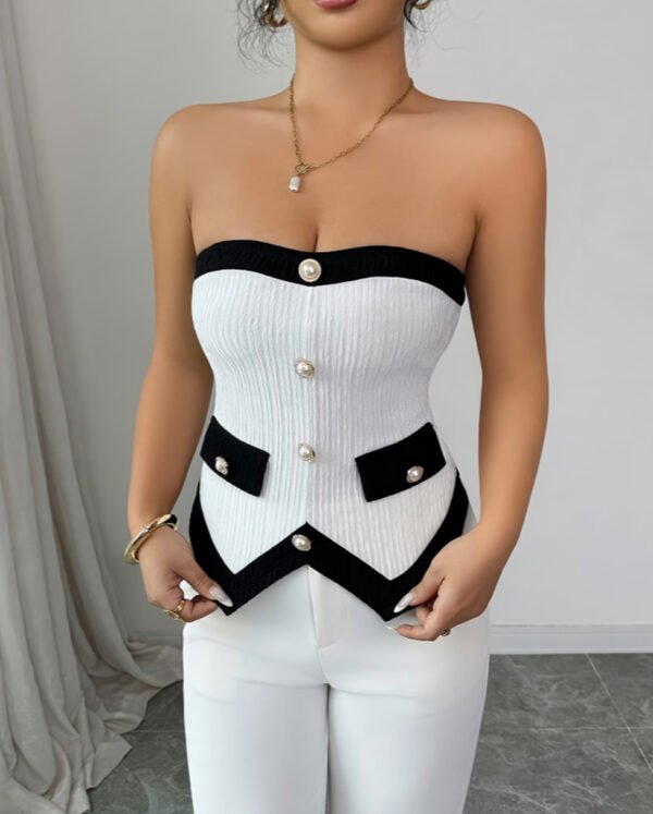 Top Bustier Tube Élégant à Boutons Perle – Haut Sans Bretelles Texturé Chic