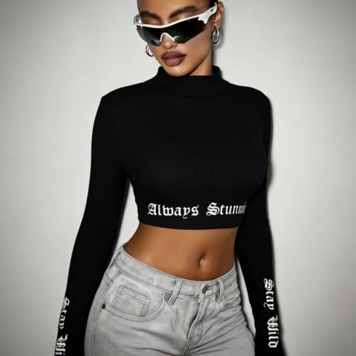 Crop Top Rayé à Manches Longues & Imprimé Gothique – Haut Style Y2K Grunge
