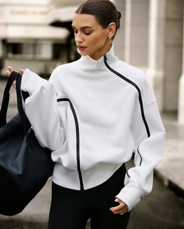 Sweat-Shirt à Col Montant Zippé – Hoodie Color-Block Tendance Rétro