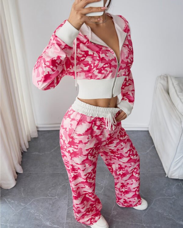Rectangle 871 Ensemble Deux Pièces Streetwear Camouflage : Crop Top Zippé et Pantalon Droit Décontracté