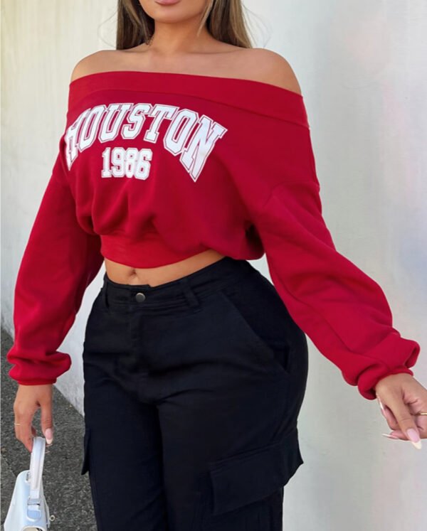 Sweat Court à Épaules Dénudées et Imprimé Lettres – Crop Hoodie Streetwear Glam