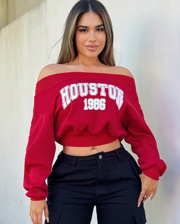 Sweat Court à Épaules Dénudées et Imprimé Lettres – Crop Hoodie Streetwear Glam