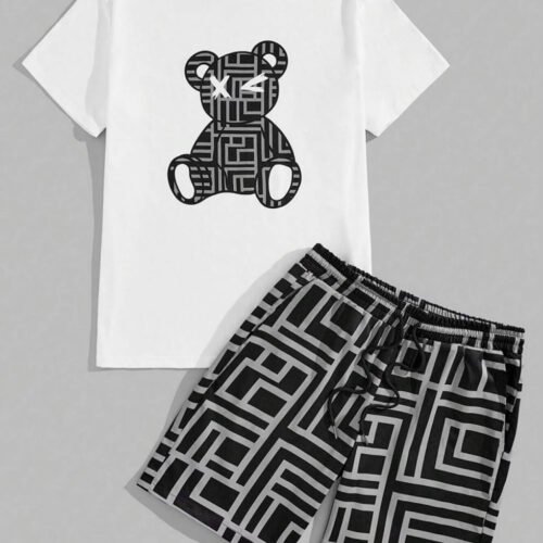 Ensemble d’Été Deux Pièces pour Homme : T-Shirt Col Rond et Short à Motif Ours Labyrinthe Tendance