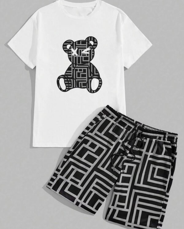 Rectangle 872 Ensemble d’Été Deux Pièces pour Homme : T-Shirt Col Rond et Short à Motif Ours Labyrinthe Tendance