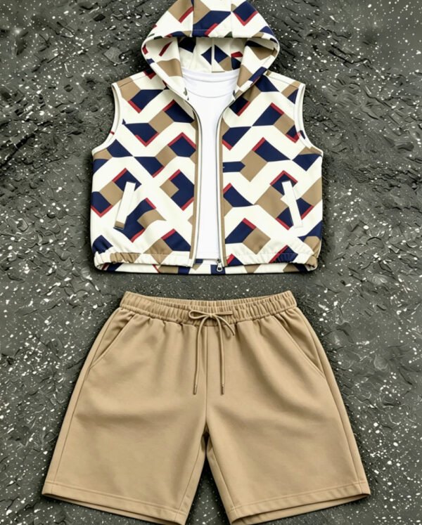 Ensemble d’Été Deux Pièces pour Homme : Sweat à Capuche Sans Manches et Pantalon à Imprimé Géométrique Style Américain