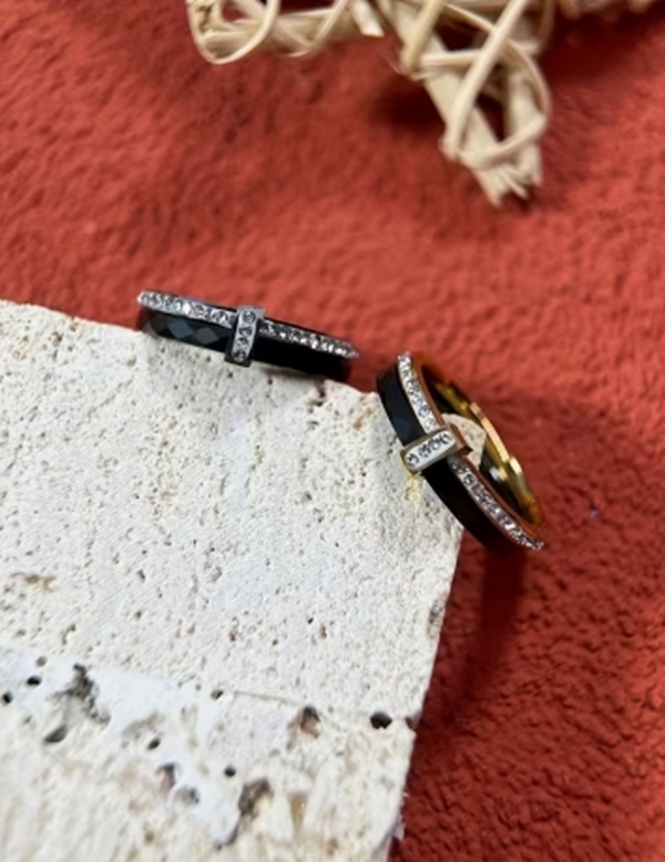 1. Nom du produit Bague Double Anneau en Acier Inoxydable et Céramique – Alliance Moderne et Graphique