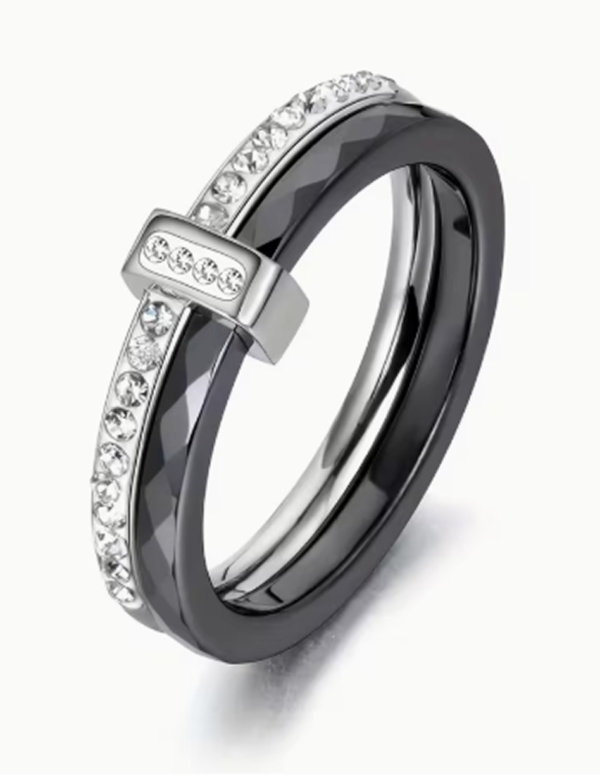 1. Nom du produit Bague Double Anneau en Acier Inoxydable et Céramique – Alliance Moderne et Graphique